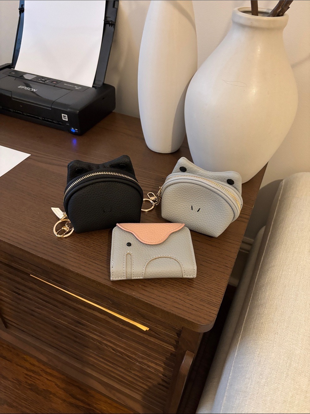 Women's leather Cute Animal Coin Pouches and Cardholder Set - Black & Light Gray